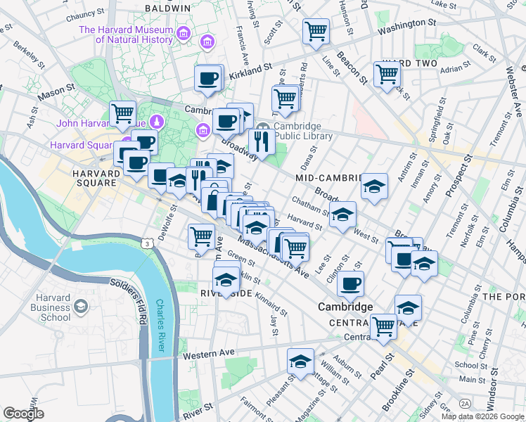 map of restaurants, bars, coffee shops, grocery stores, and more near 356 Harvard Street in Cambridge