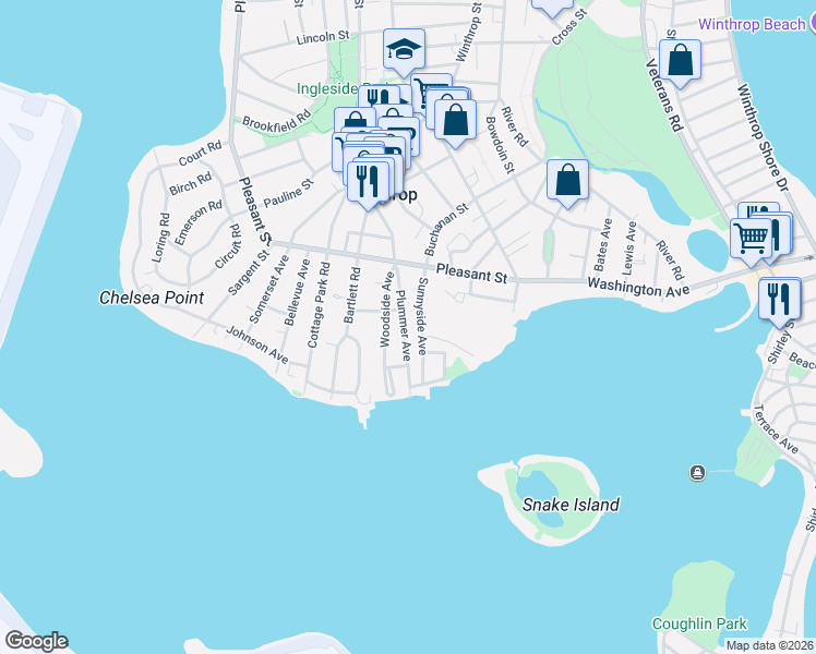 map of restaurants, bars, coffee shops, grocery stores, and more near 76 Sunnyside Avenue in Winthrop