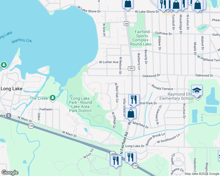 map of restaurants, bars, coffee shops, grocery stores, and more near 1314 North Red Oak Circle in Round Lake