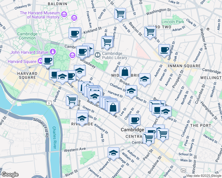 map of restaurants, bars, coffee shops, grocery stores, and more near 338 Harvard Street in Cambridge