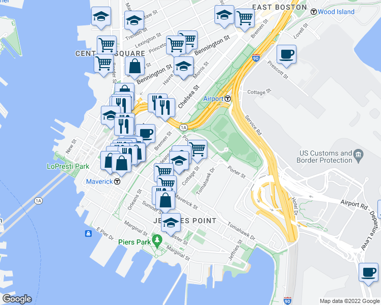 map of restaurants, bars, coffee shops, grocery stores, and more near 65 Frankfort Street in Boston