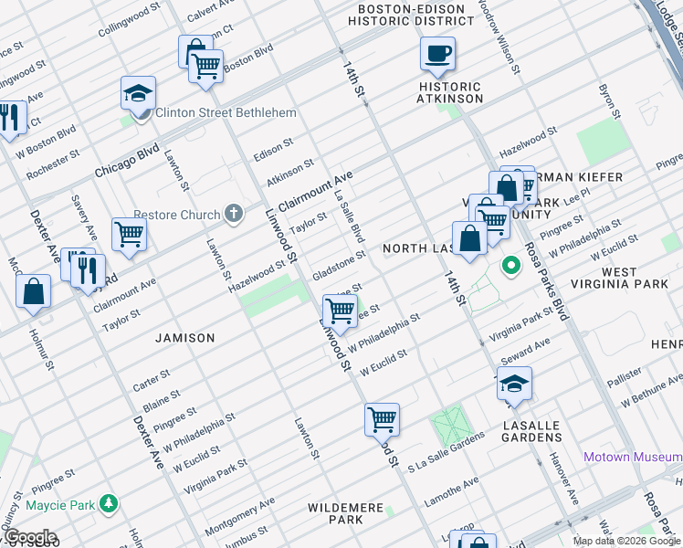 map of restaurants, bars, coffee shops, grocery stores, and more near 2468 Blaine Street in Detroit