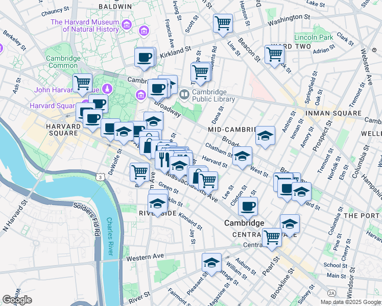 map of restaurants, bars, coffee shops, grocery stores, and more near 347 Harvard Street in Cambridge