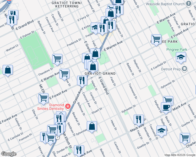 map of restaurants, bars, coffee shops, grocery stores, and more near 1045 East Grand Boulevard in Detroit