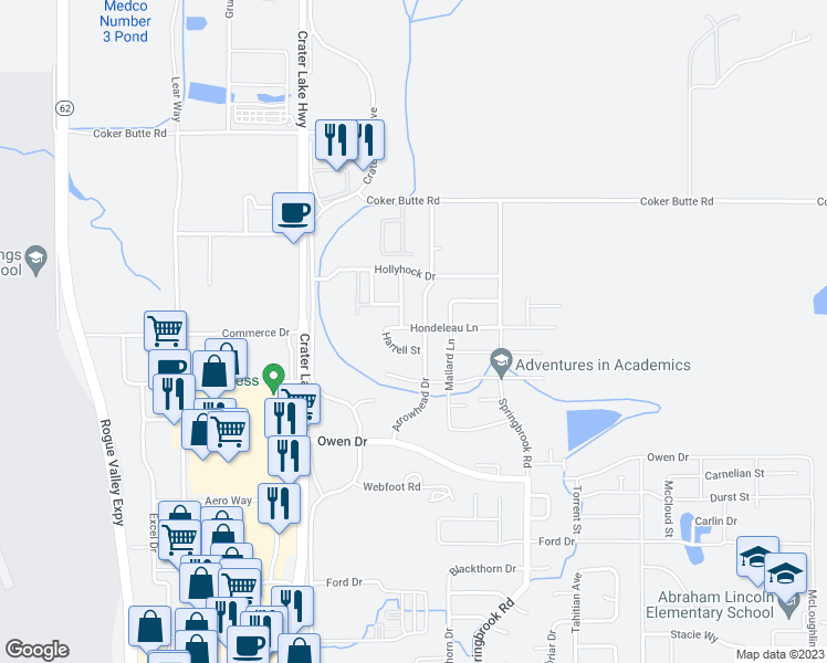 map of restaurants, bars, coffee shops, grocery stores, and more near 1592 Hondeleau Lane in Medford