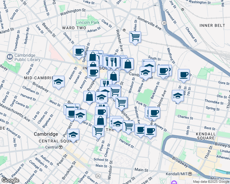 map of restaurants, bars, coffee shops, grocery stores, and more near 321 Columbia Street in Cambridge