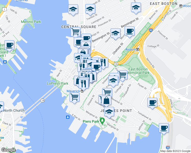 map of restaurants, bars, coffee shops, grocery stores, and more near 45 Chelsea Street in Boston