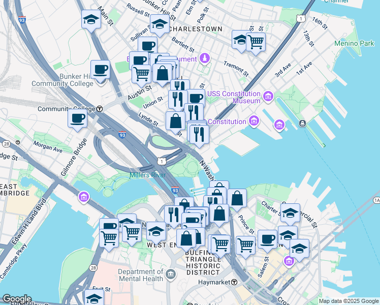 map of restaurants, bars, coffee shops, grocery stores, and more near 250 New Rutherford Avenue in Boston