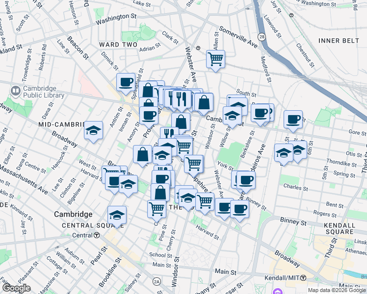 map of restaurants, bars, coffee shops, grocery stores, and more near 310 Columbia Street in Cambridge