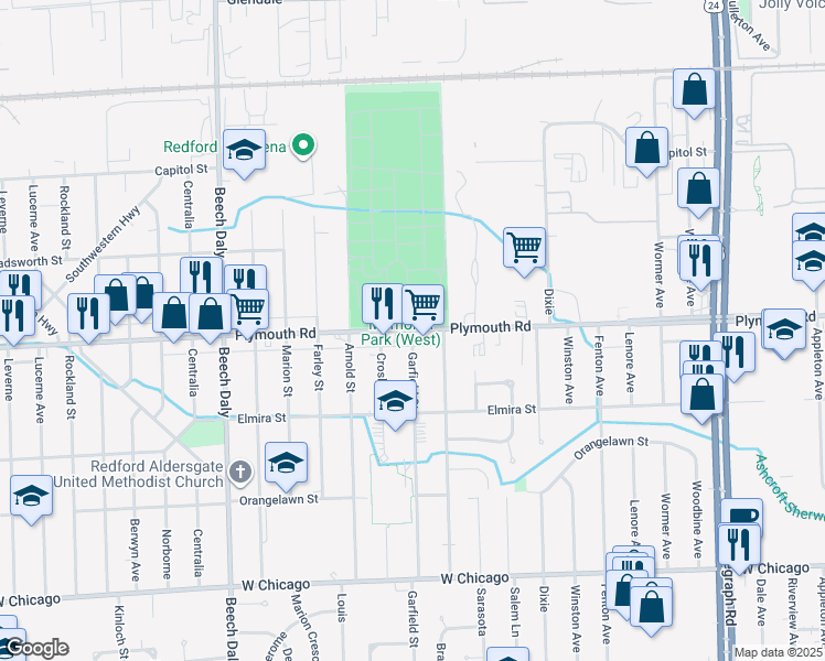map of restaurants, bars, coffee shops, grocery stores, and more near Plymouth Road in Redford Charter Township