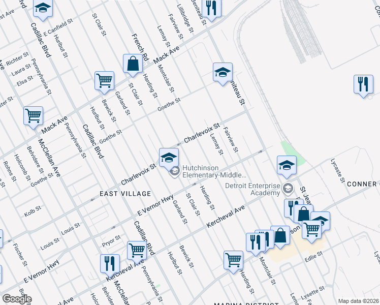 map of restaurants, bars, coffee shops, grocery stores, and more near 2613 Harding Street in Detroit