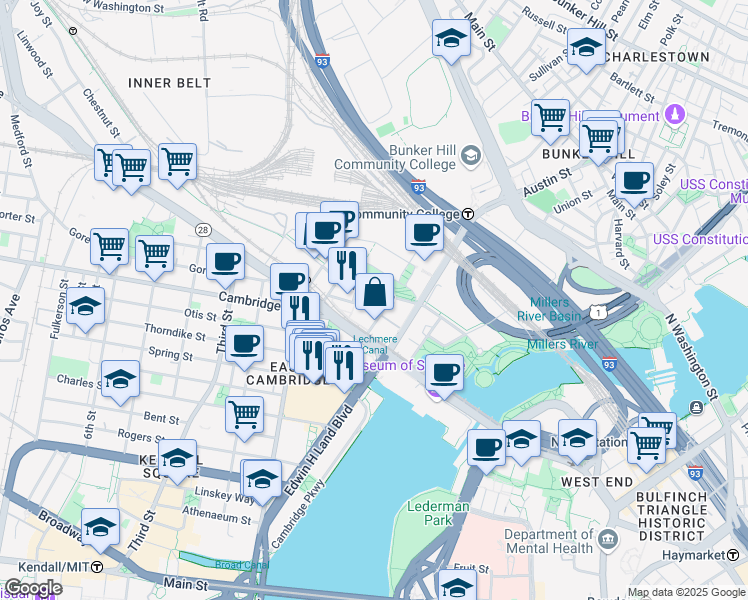 map of restaurants, bars, coffee shops, grocery stores, and more near in Cambridge