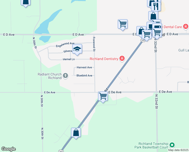 map of restaurants, bars, coffee shops, grocery stores, and more near 1624 Foxwood Street in Richland