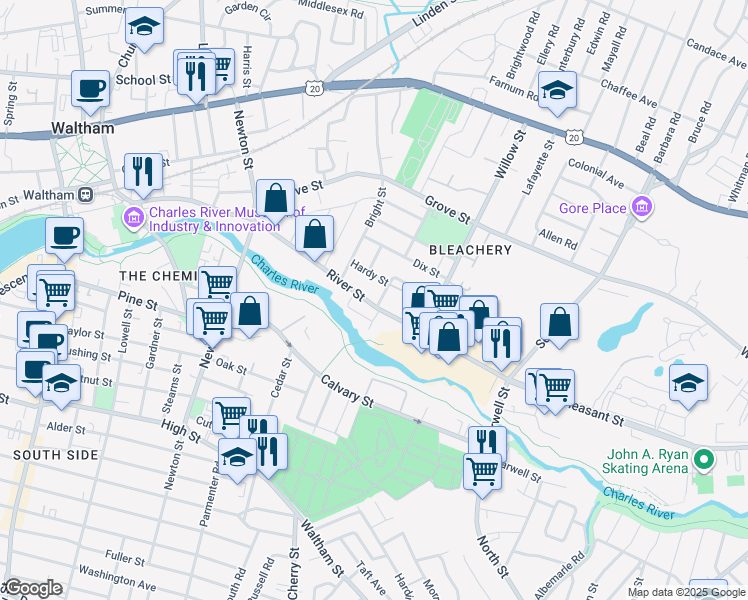 map of restaurants, bars, coffee shops, grocery stores, and more near 176 River Street in Waltham
