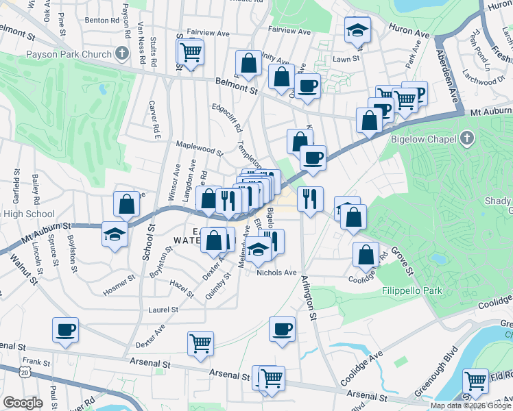 map of restaurants, bars, coffee shops, grocery stores, and more near 600 Mount Auburn Street in Watertown