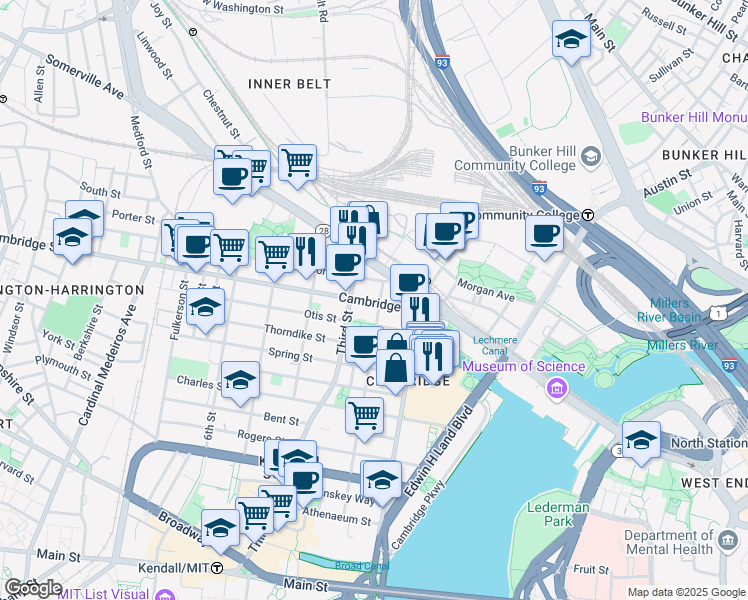 map of restaurants, bars, coffee shops, grocery stores, and more near 175 Cambridge Street in Cambridge