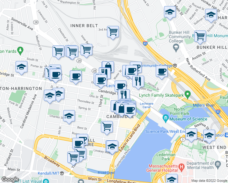 map of restaurants, bars, coffee shops, grocery stores, and more near 151 Cambridge Street in Cambridge
