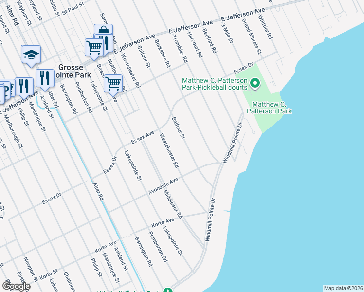 map of restaurants, bars, coffee shops, grocery stores, and more near 721 Balfour Street in Grosse Pointe Park