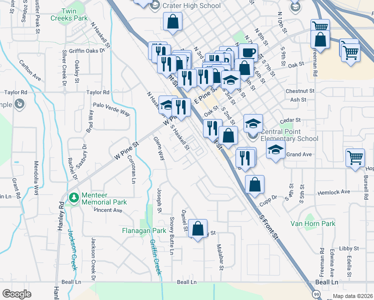 map of restaurants, bars, coffee shops, grocery stores, and more near 233 Daisy Creek Village Drive in Central Point