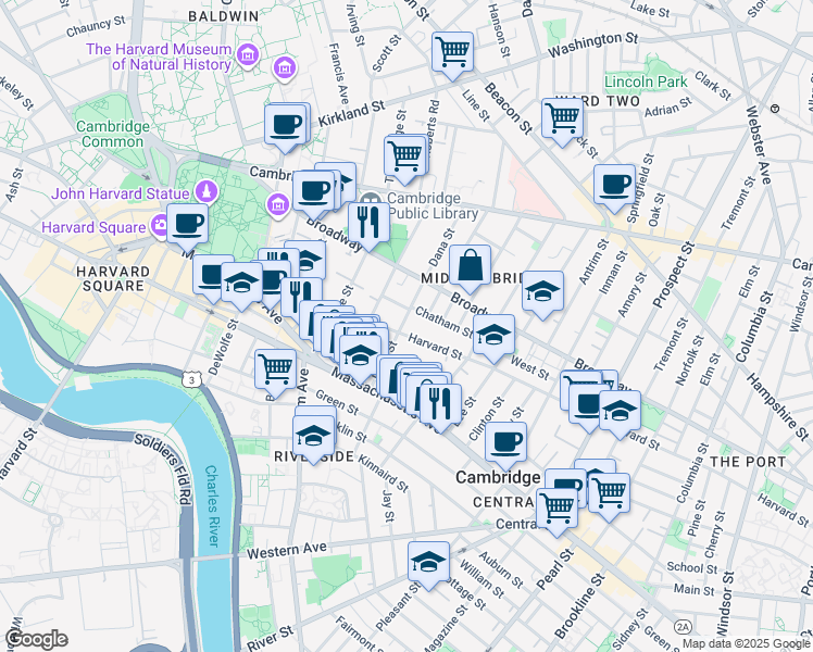 map of restaurants, bars, coffee shops, grocery stores, and more near 338 Harvard Street in Cambridge