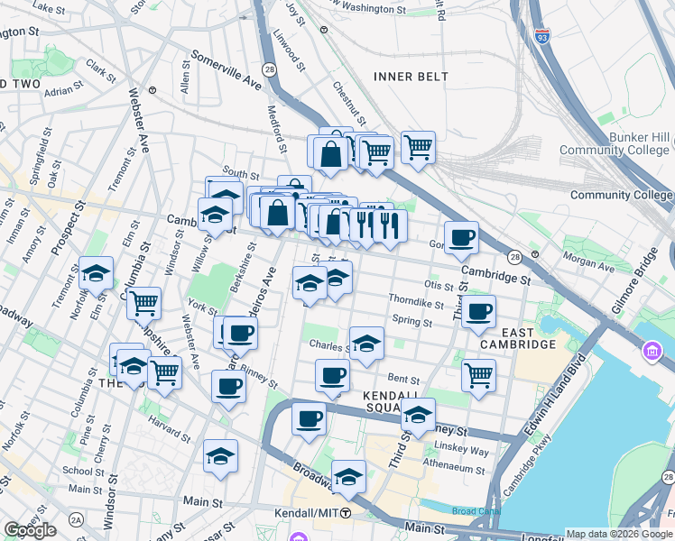 map of restaurants, bars, coffee shops, grocery stores, and more near 180 Thorndike Street in Cambridge