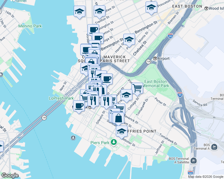 map of restaurants, bars, coffee shops, grocery stores, and more near 82 Bremen Street in Boston