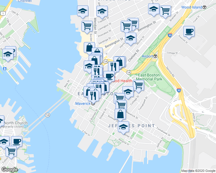 map of restaurants, bars, coffee shops, grocery stores, and more near 82 Bremen Street in Boston