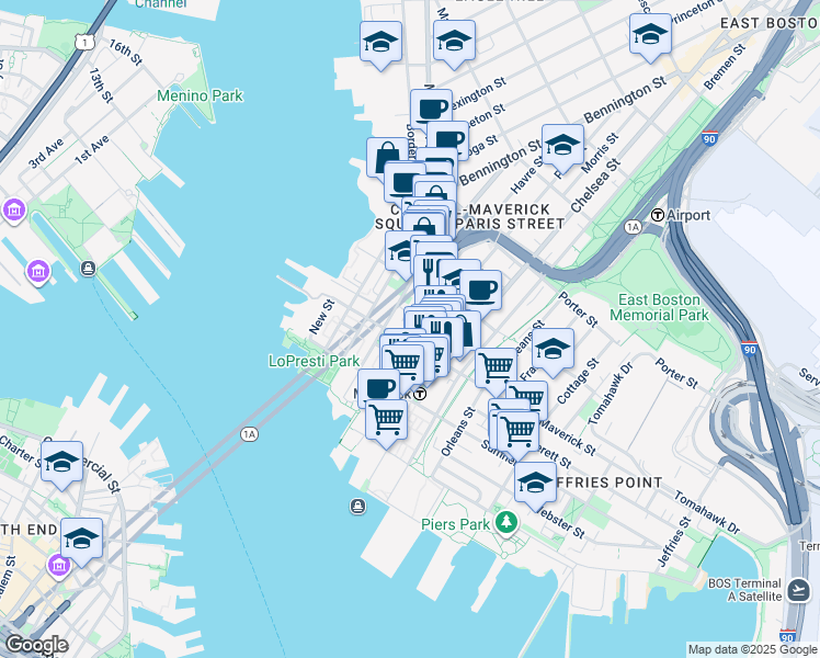 map of restaurants, bars, coffee shops, grocery stores, and more near 97 Maverick Street in Boston