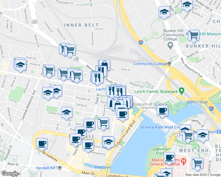 map of restaurants, bars, coffee shops, grocery stores, and more near 120 Cambridge Street in Cambridge