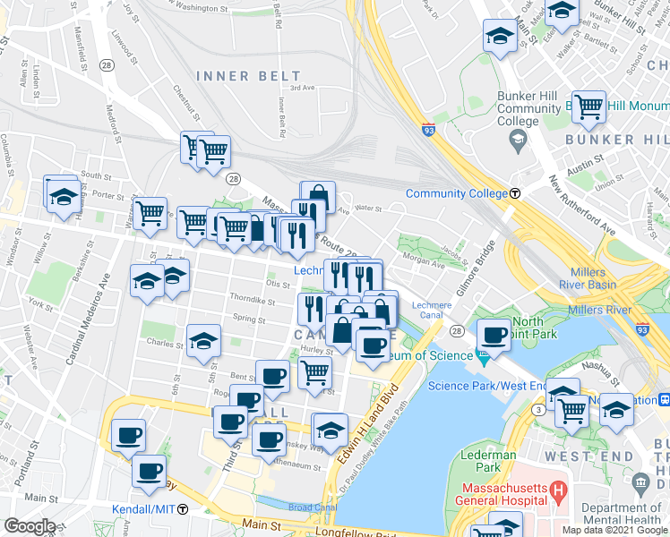 map of restaurants, bars, coffee shops, grocery stores, and more near 208 Cambridge Street in Cambridge