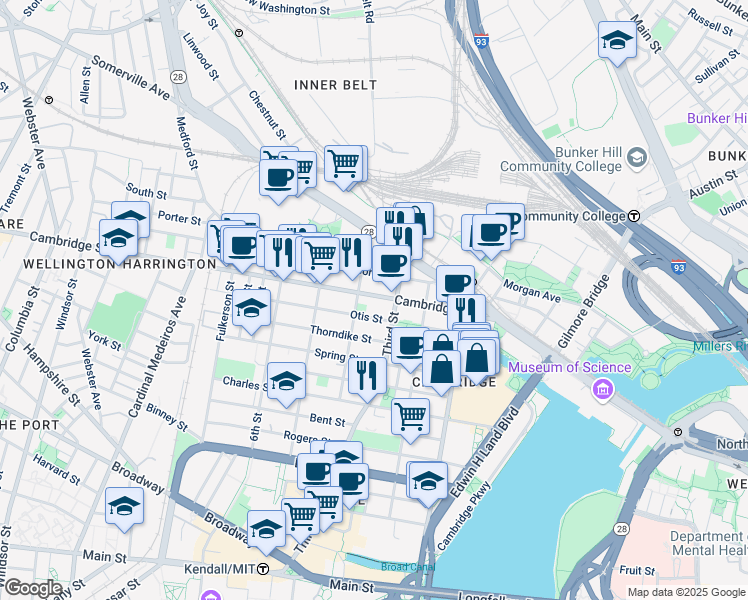 map of restaurants, bars, coffee shops, grocery stores, and more near 63 Otis Street in Cambridge