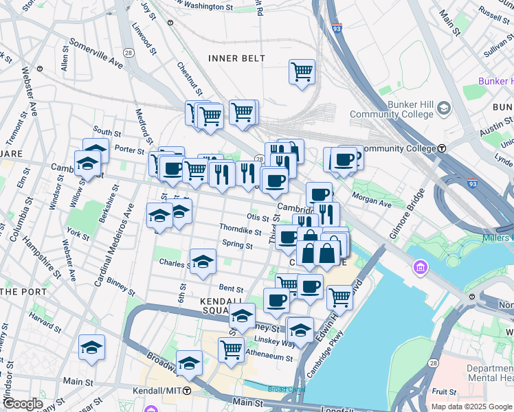 map of restaurants, bars, coffee shops, grocery stores, and more near 63 Otis Street in Cambridge