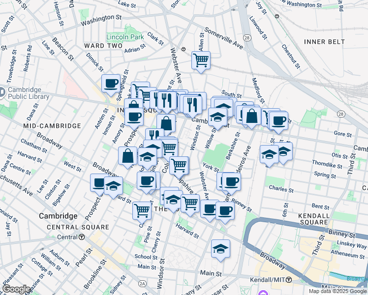 map of restaurants, bars, coffee shops, grocery stores, and more near 386 Windsor Street in Cambridge