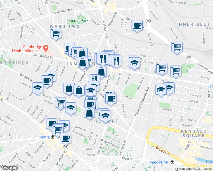 map of restaurants, bars, coffee shops, grocery stores, and more near 310 Columbia Street in Cambridge