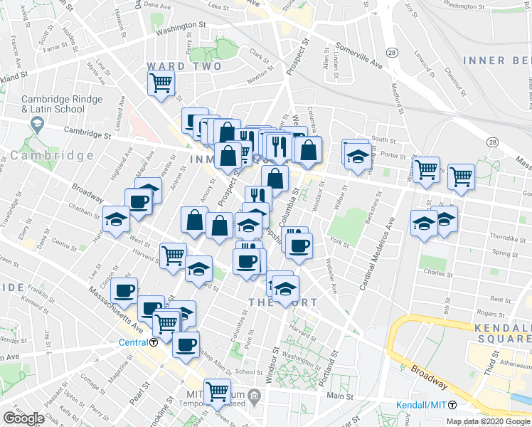 map of restaurants, bars, coffee shops, grocery stores, and more near 132 Hampshire Street in Cambridge