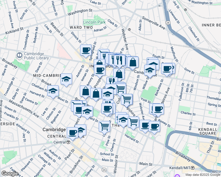 map of restaurants, bars, coffee shops, grocery stores, and more near 132 Hampshire Street in Cambridge