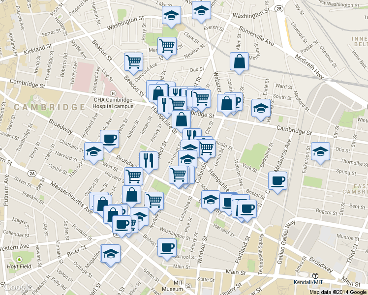 map of restaurants, bars, coffee shops, grocery stores, and more near 28 Tremont Street in Cambridge