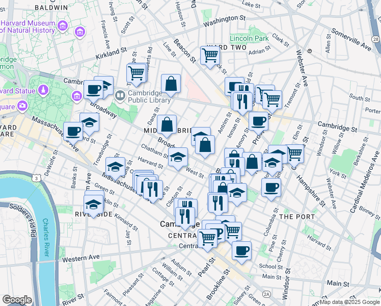 map of restaurants, bars, coffee shops, grocery stores, and more near 364 Broadway in Cambridge