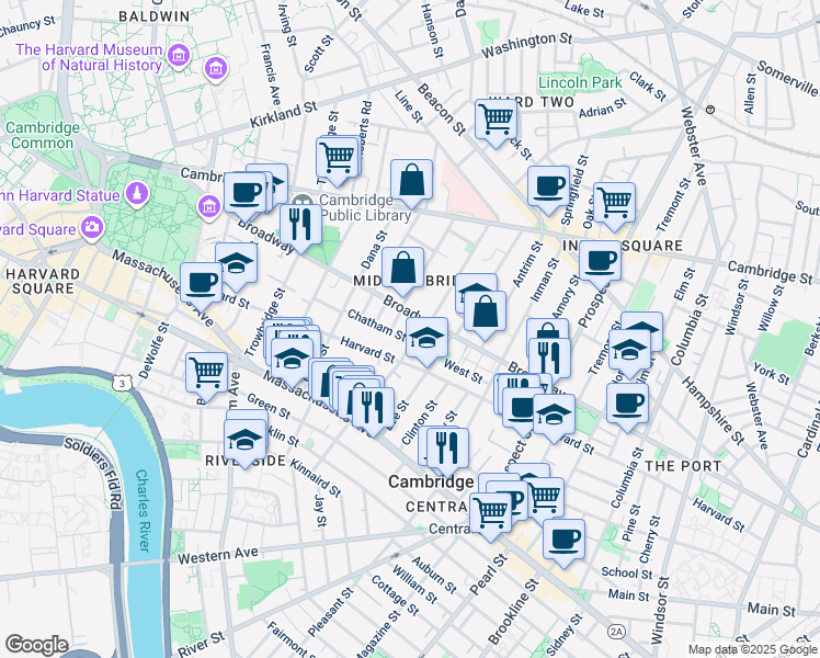 map of restaurants, bars, coffee shops, grocery stores, and more near 3 Hancock Park in Cambridge
