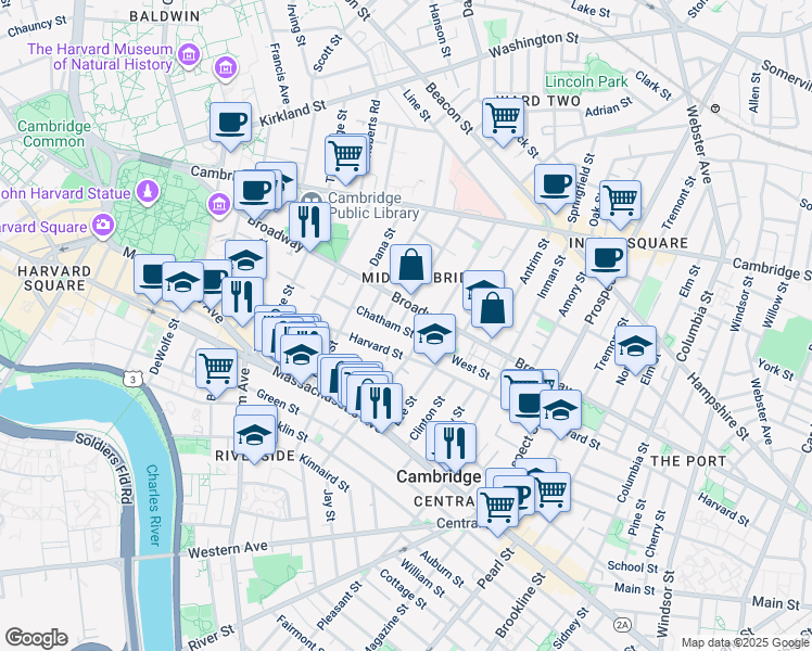 map of restaurants, bars, coffee shops, grocery stores, and more near 321 Harvard Street in Cambridge