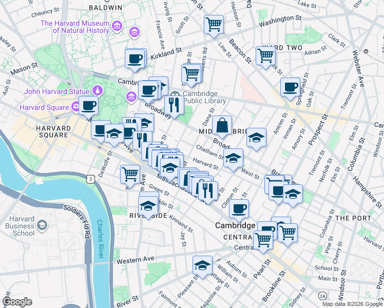 map of restaurants, bars, coffee shops, grocery stores, and more near 338 Harvard Street in Cambridge