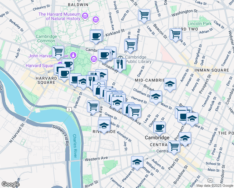 map of restaurants, bars, coffee shops, grocery stores, and more near 11H Dana Place in Cambridge