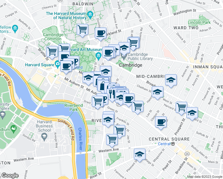 map of restaurants, bars, coffee shops, grocery stores, and more near 12 Trowbridge Street in Cambridge