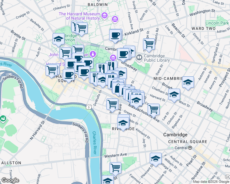 map of restaurants, bars, coffee shops, grocery stores, and more near 1090-1100 Massachusetts Avenue in Cambridge