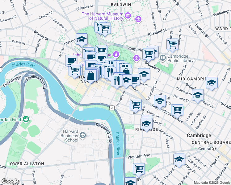 map of restaurants, bars, coffee shops, grocery stores, and more near in Cambridge