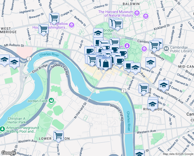 map of restaurants, bars, coffee shops, grocery stores, and more near in Cambridge