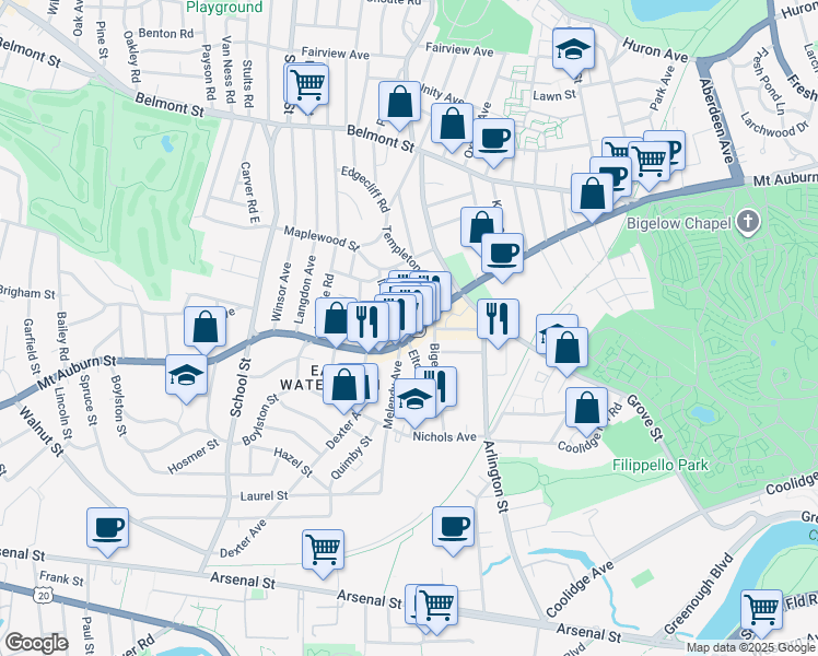 map of restaurants, bars, coffee shops, grocery stores, and more near 597 Mount Auburn Street in Watertown