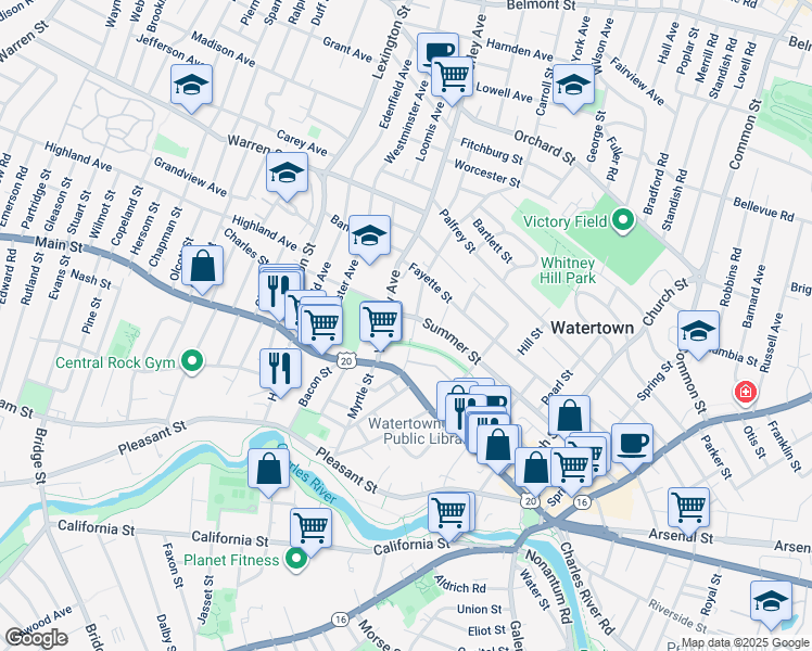 map of restaurants, bars, coffee shops, grocery stores, and more near 25 Forest Street in Watertown