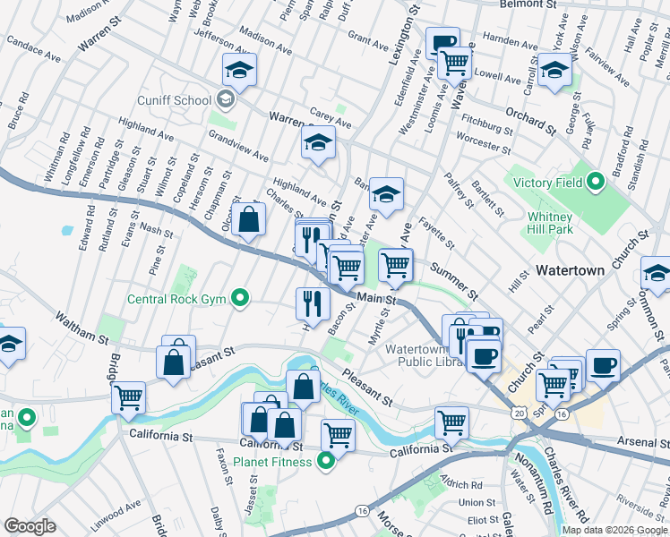 map of restaurants, bars, coffee shops, grocery stores, and more near 433 U.S. 20 in Watertown