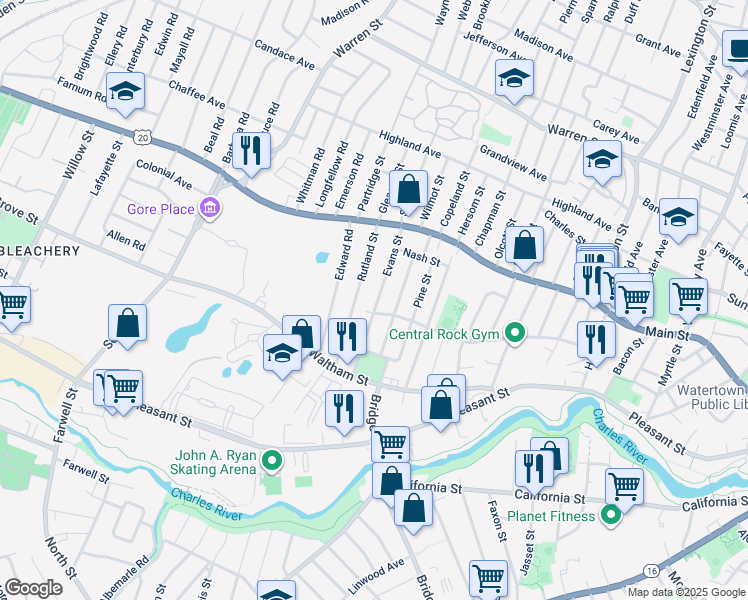 map of restaurants, bars, coffee shops, grocery stores, and more near 87 Evans Street in Watertown